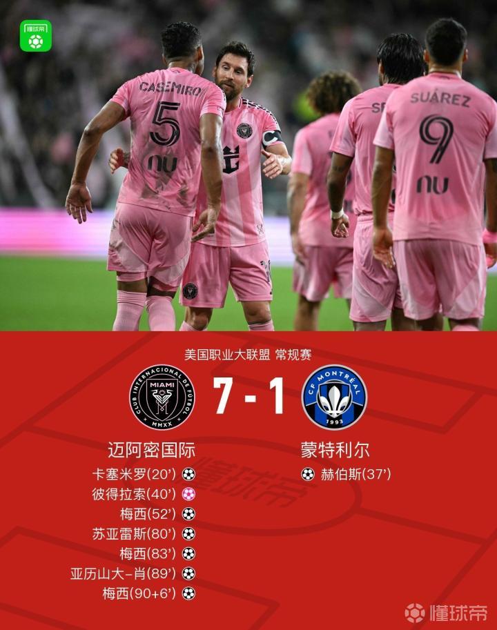 迈阿密国际7-1战胜蒙特利尔,梅西大四喜,卡塞米罗与苏亚雷斯破门