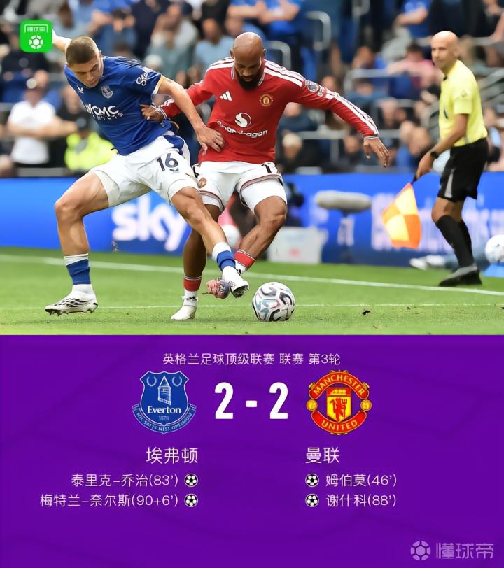 曼联客场2-2战平埃弗顿,姆伯莫与奈尔斯各有精彩表现